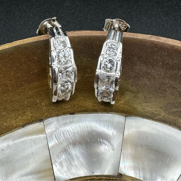 Sparkly Rhodium Plated CZ Half Hoop Huggie Earrings - Pierced - Picture 5 of 12